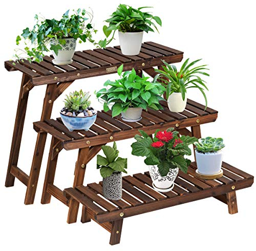 GIANTEX 3er Set Blumenständer Holz, Pflanzenregal Blumenregal 3-stufig, Pflanzenregal Gartenregal mehrstöckig, Blumentreppe rustikal, Blumenbank für Indoor & Outdoor