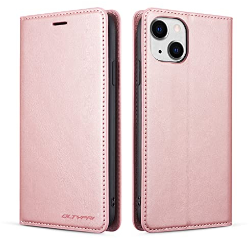 QLTYPRI Case for iPhone 13, Premium PU Leather Cover TPU Bumper with Card Holder Kickstand Hidden Magnetic Adsorption Shockproof Flip Wallet Case for iPhone 13 - Rose Gold