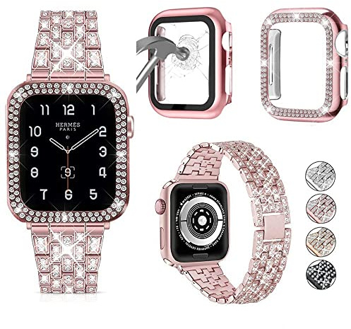 3 Stück, kompatibel mit Apple Watch, 38 mm, 40 mm, 41 mm, 42 mm, 44 mm, 45 mm, 49 mm, mit Glitzer-Diamant-Hülle und Glas-Displayschutzfolie, für iWatch Serie 9, 8, SE, 7, 6, 5, 4, 3, 2, 1