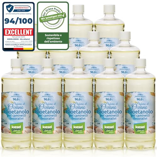 KieselGreen Bioethanolo 12 x 1 litro con Fragranza per Caminetto a Etanolo – Bio-etanolo profumato per Ambienti, molte Fragranze - Profumo per Caminetto a bioetanolo da Interno o da Tavolo