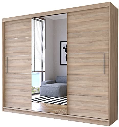 Fabryka Mebli Idźczak Kleiderschrank mit Spiegel, Schiebetüren - Sonoma Schwebetürenschrank, Schlafzimmerschrank - 61 x 250 x 218 cm - Schrank für Schlafzimmer, Wohnzimmer, Garderobe