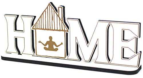Deko Home Aufsteller Holz - Yoga Lotossitz - 28x12 cm Holzdeko zum hinstellen Buchstaben Schriftzug Wohnzimmer Tischdeko Dekoration Fensterbank