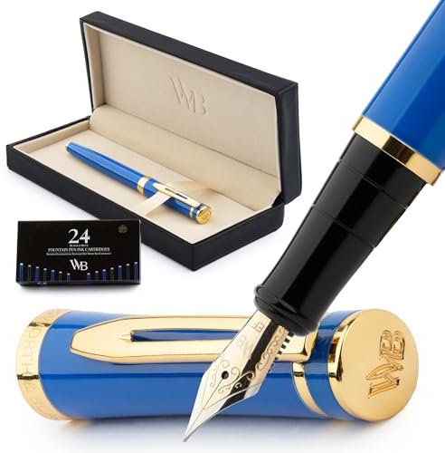 Wordsworth & Black Füllfederhalter-Set, 18K Gilded Extra Fine Nib, inkl. 6 Pack Tintenpatronen,Tintenkonverter & Geschenkbox, Gold Finish, Kalligraphie, [Imperial Blue], perfekt für Männer&Frauen