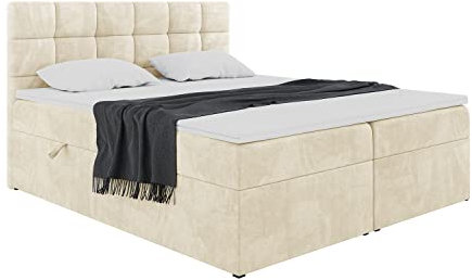 MEBLINI Boxspringbett mit Bettkasten - Gepolstert Doppelbett mit Matratze und Topper - Polsterbett mit Stauraum - Bett mit Kopfteil - Stauraumbett - TAPO 2-160x200 - H4/Beige Samt