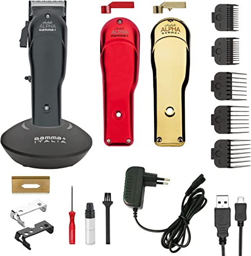 GAMMAPIU' Absolute Alpha Professional Men's Hair Clipper, Rechargeable, 45mm Flat Blade, 5 Combs and Cleaning Kit, Electric Beard Trimmer with Base, Cable USB, 3 Covers Red Black Gold