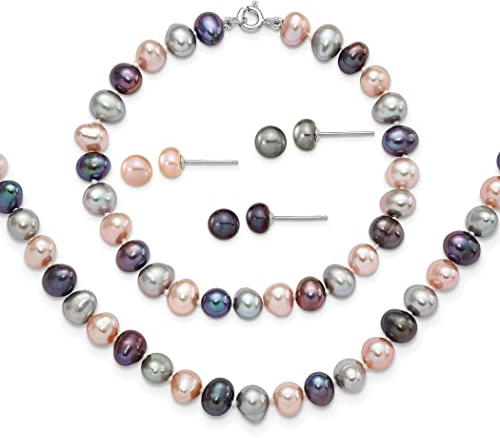 Halskette aus 925er-Sterlingsilber, Rhodium, P 6, 7 mm, Bla Pi G, Süßwasser-Zuchtperlen-Halskette, 7,25 mm und 3 Ohrschmuck für Damen, One Size, Metall Perle Metall Perle Rhodium, Kein Edelstein