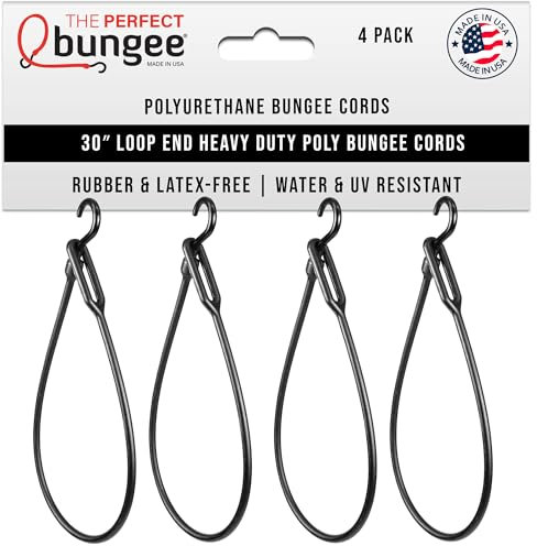 The Perfect Bungee 30 Inch Heavy Duty Bungee Cord, Polyurethane Loop-End Bungee Straps – 4 Pack, Black Bungee Made in USA - Stretches Two Times Original Length