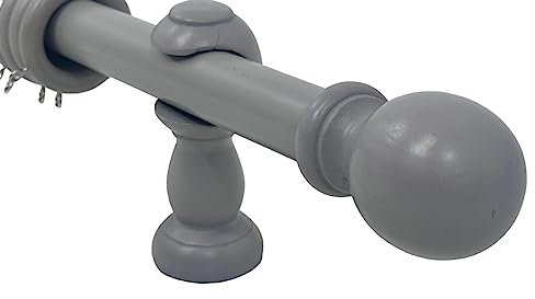 AQS INTERNATIONAL - 28mm Large Wooden Curtain Pole Rod - Fixed Length, Classic Finials & Rings Set Home, Kitchen, Living Room, Office, Door Window Curtain Poles Rail (Grey 120cm(48''))