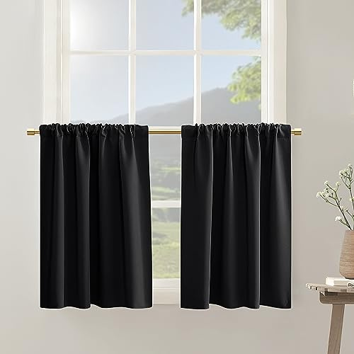 Small Window Curtains for Bathoom,Half Blackout Short Curtain for Kitchen,Set 2 Panels,24 Inch Length,Black