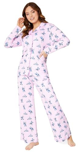 Disney Pigiama Donna Lungo - Pigiama Stitch a Maniche Lunghe S-XL - Pigiami Donna Ragazza Invernale Gadget Stitch Regalo (Rosa, L)