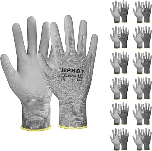 HPHST PU Besichtet Arbeitshandschuhe, 12 Paar Arbeit Handschuhe für Herren und Damen Rutschfeste Montagehandschuhe Gartenhandschuhe mit PU-Beschichtung für Bauarbeiter Mechaniker, Grau (XXL)