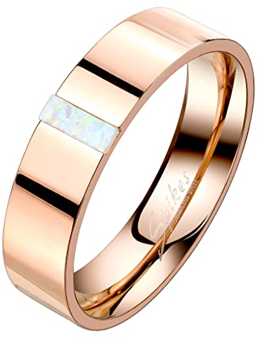 Mianova Band Ring Edelstahl Fingerring mit eingefasste rechteckigen Opal Herrenring Damenring Partnerring Ehering Damen Herren Größe 55 (17.5) | Rosegold