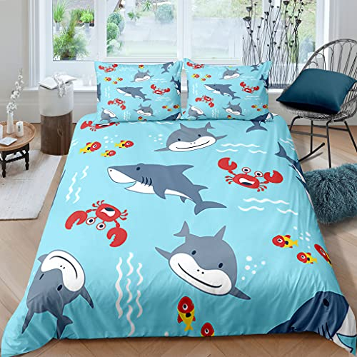 XPINGO Kinder Bettwäsche Hai 135x200 cm 2teilig Jungen und Mädchen 100% Mikrofaser Sommer Weiche Winter Warm Bettbezüge 3D Wasserlebewesen Bettbezug mit Kissenbezüge 80x80 cm