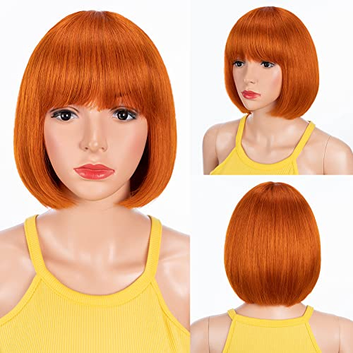DÉBUT Echthaar Perücke mit Pony kurz Perücke Bob Pixie 10A brasilianisches Virgin Remy Hair 25cm 103g (20 cm, S ORANGE)