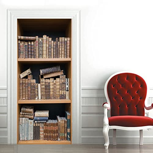 Türposter PVC 3D Türaufkleber Vintage Bücherregal Türfolie Türtapete Art Home Dekoration Tapetentür Wasserdichtes Selbstklebend DIY Türbild B90 x H200cm