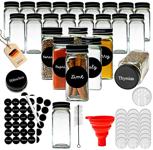 Gewürzgläser Set Eckig 24 Stück [10x4,2 cm] inkl. Gewürzetiketten | Organizer zur Aufbewahrung Küche - Glas mit Deckel für Gewürze | Vorratsdosen mit Deckel luftdicht | Spice Jars Gewürzdose