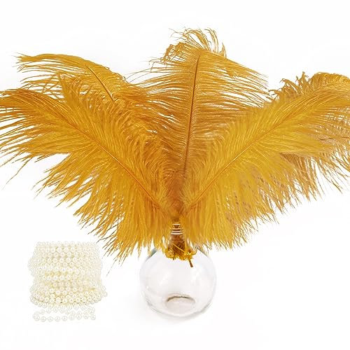 BETESSIN 10 Natürliche Straußenfedern Gold Dekofedern 30-35cm Weihnachtsdeko Weihnachtsbaum Hochzeit Dekoration mit 5 Meter Perlenketten DIY Basteln Tischdeko für Retro Karneval Weihnachten Party