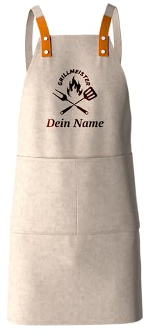 my STITCHERY Grillschürze personalisiert mit Motiv & Wunschtext bestickt - Individuell personalisierte Kochschürze aus hochwertiger Baumwolle als besonderes Geschenk (Beige)