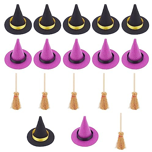 craspire 12 Mini-Hexenhüte Für Halloween, 2 Farben, Polyester, Mini-Oberteil, Ornament, Hexenhut-Zubehör Mit 6 Mini-Hexenbesen Aus Holz Für Partygeschenke, DIY, Haarschmuck, Basteln
