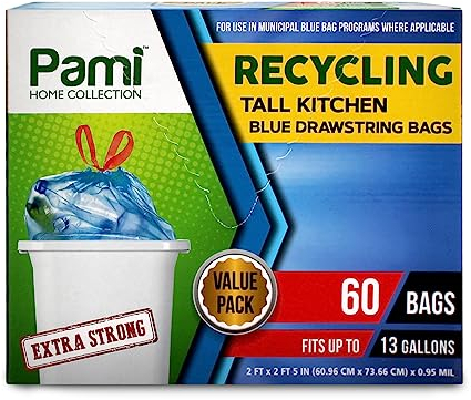 PAMI Recycling Tall 13-Gallon Kitchen Drawstring Trash Bags- Extra-Strong Plastic Garbage Bags [Blue 60 Pack]- Thick Trash Can Liners For Kitchen & Outdoor Bins- 2ft x2ft Unscented Trash Bags