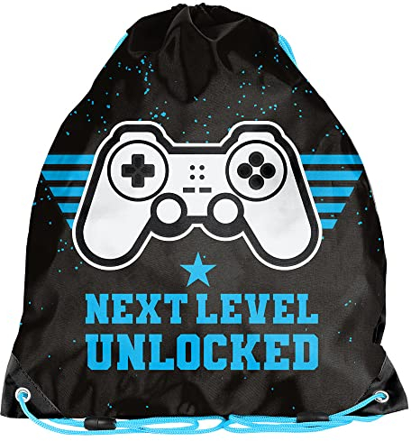PASO Kinder Turnbeutel/Sportbeutel 36x32 cm - Next Level Gaming - Schwarz/Blau