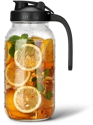 SMIRLY 64 oz Mason Jar Pitcher with Wide Mouth and Pour Spout Lid Handle - Glass Pitcher with Lid, Double Leak Proof 2 Quart Pitcher with Lid, Breast Milk Pitcher, Coffee, Water, Iced Tea for Fridge