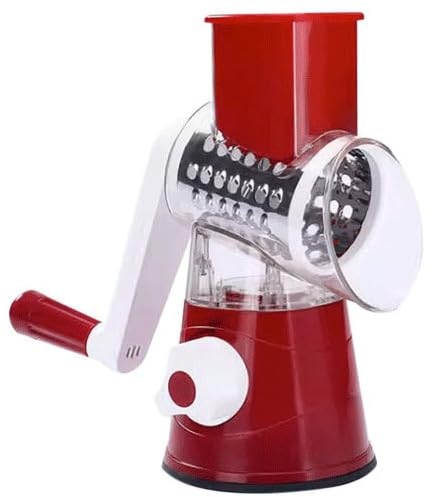 ZAIED Grattugia per Formaggio con Manovella,Tagliaverdure Manuale,Grattugia Rotativa per Cucina,Affetta Patate A Mano,Trituratore per Alimenti con 3 Lame A Tamburo,per Patate,Carote,Rosso