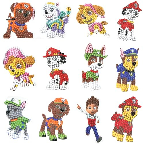Dog Diamond Painting Sticker Set, 12PCS Cartoon Hund Diamant Aufkleber, DIY Diamant Painting Kit für Kinder und Erwachsene Anfänger, Geburtstags Geschenk für Jungen Mädchen