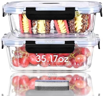 IUGHN Glass Containers with Lids 2 Pcs, Meal Prep Containers Reusable,1040ml Leak-proof Food Containers, Glass Food Storage Containers, Bento Boxes with Locking Lids for Microwave, Oven, Freezer