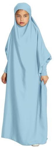 Odizli Gebetskleidung für Kinder Mädchen Abaya Muslim Islam Muslimische Kleider mit Kapuze Langarm Arabisch Robe Hijab Jilbab Khimar Kaftan Ramadan Burka Lang Gebetskleid Himmelblau 8-9 Jahre