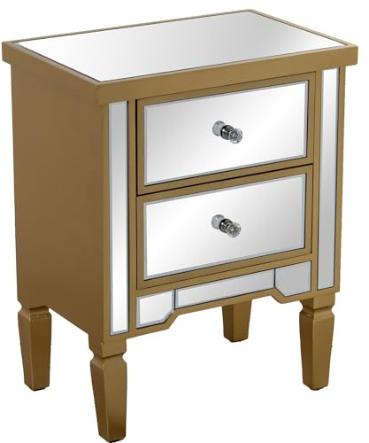 DRW Nachttisch aus Holz und Spiegel mit 2 Schubladen in Gold und Spiegel, 49 x 33 x 62 cm