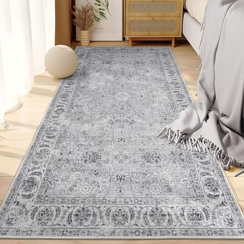 Taleta DAMAIA Washable Rugs Living Room Small Grey Boho Runner Rug Machine Washable Soft Short Pile Area Carpets for Bedside Vintage Hallway Rugs for Entrance Bedroom (Grey, 80 x 150 cm)