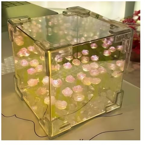 YiKAiLi Tulpen Nachtlicht, DIY Tulpenwürfel Spiegel Lampe, LED Blumen Tulpen Licht Schreibtischlampe mit Einstellbarer Helligkeit & USB-Aufladung für Tisch Schlafzimmer Heim Dekoration (Pinke Rose)