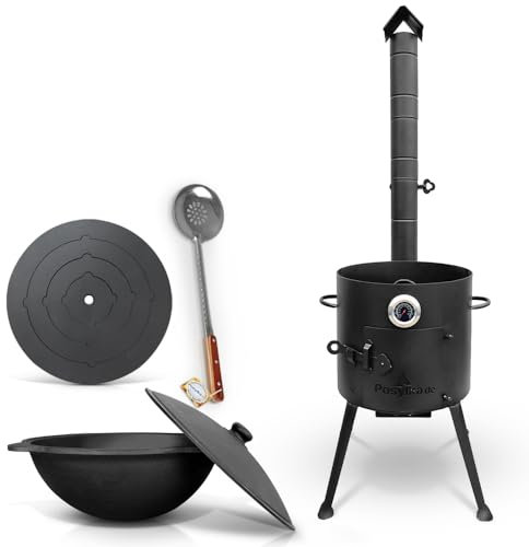 Feuerofen Ø 36 сm mit Thermometer und Herdplatte 4 Ringe 40 cm Gusseisen Topf Kazan runder Boden mit Deckel Ø 36,7 cm (10 L) Schaumlöffel 48 cm KazanoFF, Учаг, Kazan, Gulaschkanone (08602378)