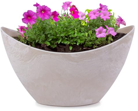 Pot de fleurs ovale pour l'extérieur - Grand bateau décoratif - Couleur sable beige pierre - Pot de fleurs - 20 cm - Jardinier pour jardin, balcon ou cimetière - Résistant aux intempéries