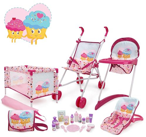 509 Crew 21 Piece Doll Stroll n Play & Care Combo Set, Doll Stroller, Doll Playard, Doll High Chair Set, Carry Cot, Diaper Bag, Feeding and Grooming Accessories, Ages 3+