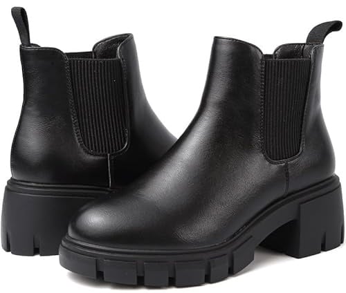 ziitop Chelsea Boots Women Waterproof Platform Pull On Chunky Block Heel | Compact ankle shaft smooth PU upper short elastic side gussets rear pull tabs and chunky block heel for daily outfits