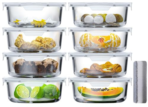 Bstask Round Glass Containers with Lids, Small Portion Round Glass Meal Prep Containers, Glass Food Containers with Snap Lock Lids, BPA Free Glass Food Storage Containers (8 pack 420 ml)