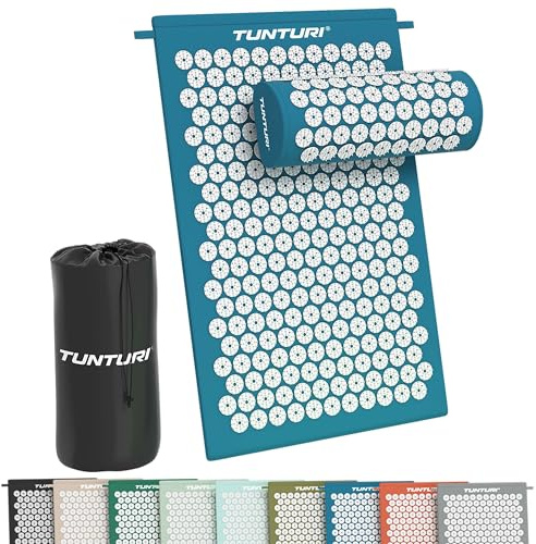 Tunturi Akupressurmatte mit Kissen - Akupunktur Matte - Stachelmatte für Rücken, Nacken, Fuße, Ganzkörper - 2in1 Nagelmatte Akupressurmatte - Anti Stress - 68x42x2cm - Petrol Blau