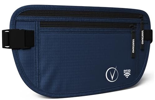 Vantamo Versteckter Geldgürtel für zusätzliche Sicherheit, RFID-ultradünne Bauchtasche, 2 Fächer, Geldtasche für Reisepass und Handy, Dunkelblau und Schwarz