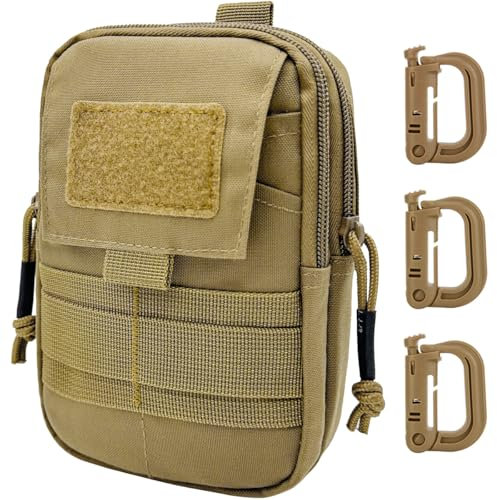 MUCHER Molle Pouches Multipurpose Tactical Mobile Phone Belt Pouch EDC Utility Waist Bag with 3 Hooks for Outdoor Hiking Hunting Camping Training Travelling (Khaki)