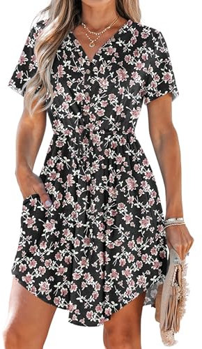 AUSELILY Summer Dresses for Women UK Casual V Neck Short Sleeve Drawstring Midi Dresses with Pockets Red Flowers Black XL