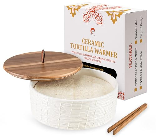 SoulMex JUMBO Ceramic Tortilla Warmer with Acacia Wood Lid - 8.8 Extra Large Family Size Tortillero, Holds up to 25 Tortillas, Heavy Duty 5.3 lbs Pancake & Bread Warmer Holder, Microwave & Oven Safe