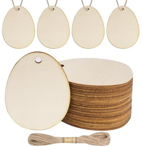 DLUSZERT 84 Stück Ostern Holzanhänger, 5cm Holz Ostereier Deko mit 10M Schnur, Osteranhänger Eier zum Bemalen, Holzscheiben Ostern Eier mit Loch zum Aufhängen, Holzeier für DIY Baumschmuck Basteln