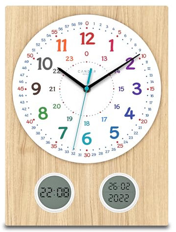 Cander Berlin MNU 11130 S Wanduhr Kinder lautlos 35 cm Lernuhr Jungen Mädchen Kinderzimmer ohne Tickgeräusche Holzfurnier digital analog