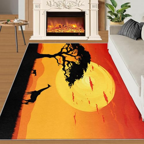 SANSJI Teppich mit Tier-Giraffen-Muster, 100 x 150 cm, Afrika, Savanne, schmutzabweisend, für Schlafzimmer, Sonnenaufgangslandschaft, waschbar, für den Innenbereich, verbranntes Orange, rutschfeste
