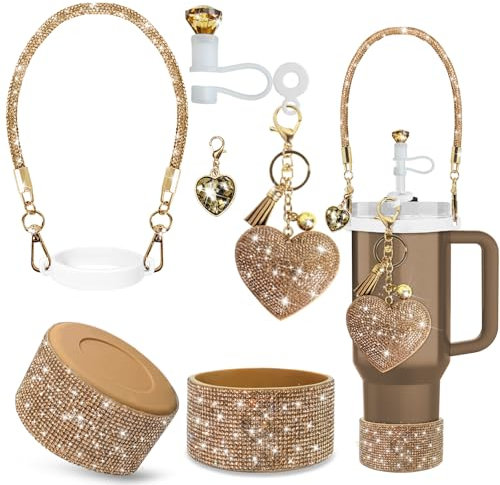 VirgoCCY 6PCS Diamond Glitter Stanley Cup Accessories Set 30&40 Oz, Includes 1 Diamond Silicone Boot, 1 Handle Strap, 1 Straw Covers,1 Straw Adapters Charm Blank with 2 Glitter Charms, Gold