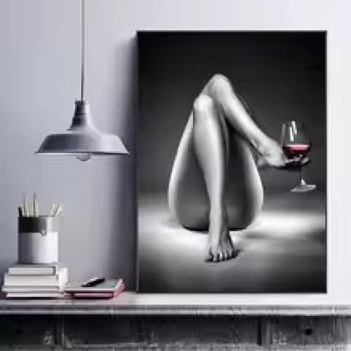 DHHXY Affiches et impressions de femme, peintures sur toile en verre de vin, noir et blanc, figure de fille sexy, art mural pour chambre à coucher, décoration d'intérieur, 70 x 100 cm, sans cadre