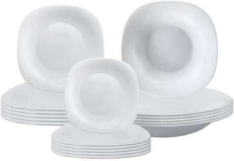 Paluplus Set 18 Piatti Quadrati per 6 Persone in Vetro Opale Temperato Bianco, Set composto da Piatto Fondo Diam.22,5cm, Piatto Piano Diam.27cm e Piattino Dessert Diam.20,2cm -8697F
