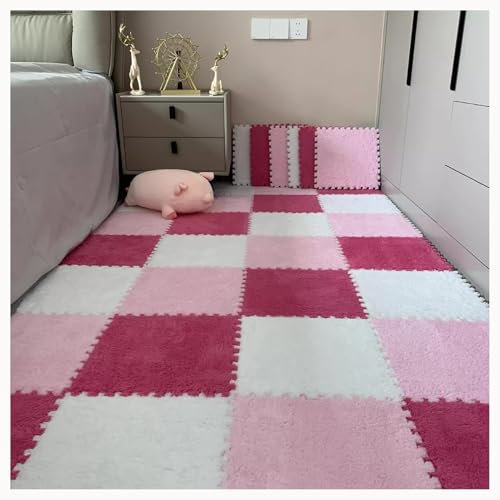 10 Stücke Teppich Puzzle Matten for Boden Flauschigen Plüsch Ineinander Greifen Anti Slip Eva Schaum Fliesen Weiche Puzzle Mit Grenze(Rose Red+Pink+White)